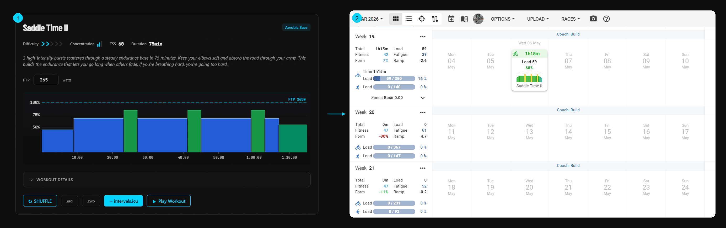 One-click workflow: clicking the intervals.icu button in the workout generator adds the workout to your intervals.icu calendar