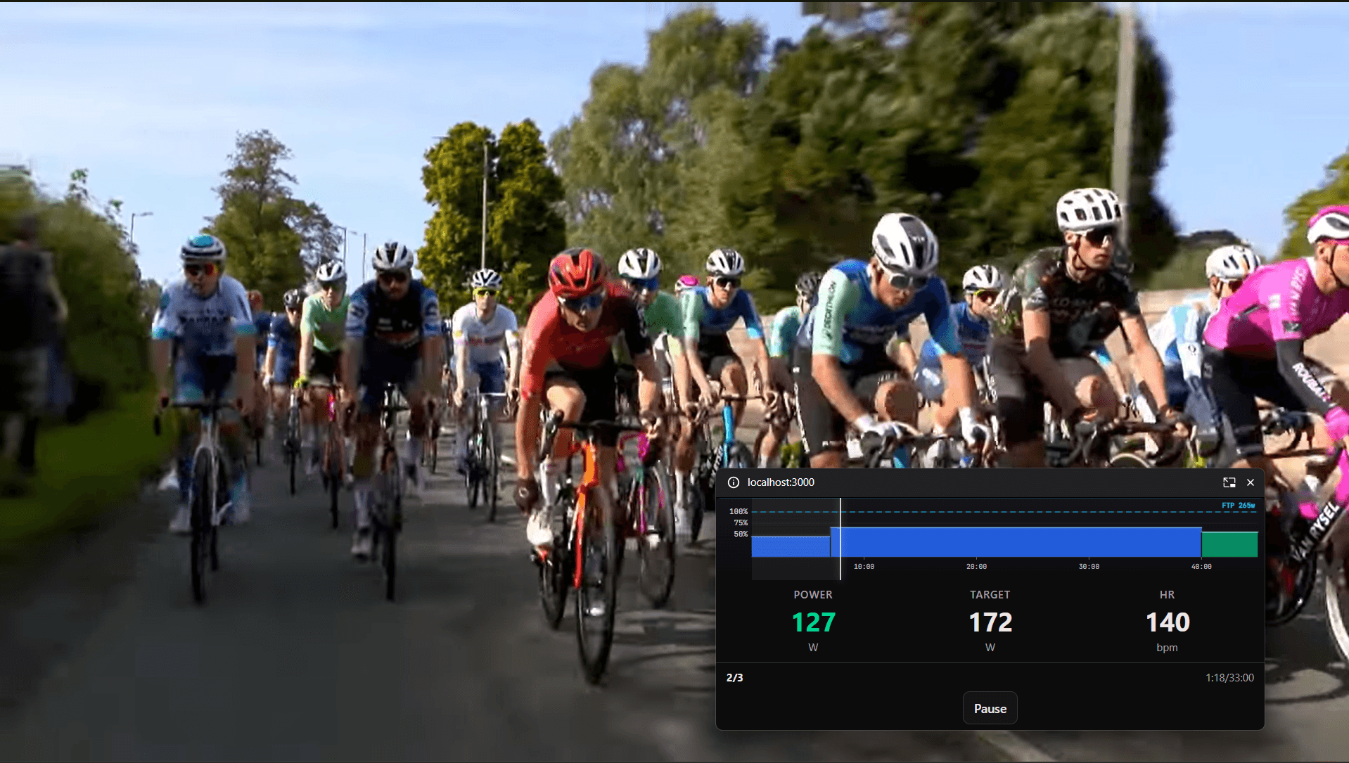 Picture-in-Picture player floating over a cycling race video, showing live power, heart rate and workout controls